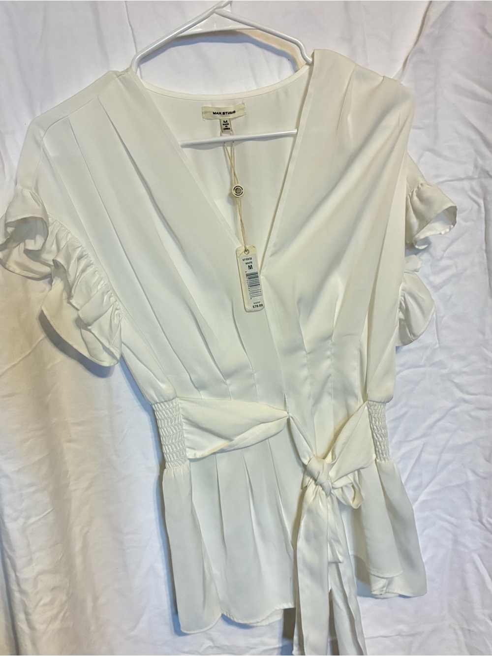 Max Studio Cream V-Neck Tie-Waist Midi Dress with Ruffle Sleeves
